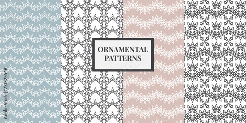 Colección de patrones vectoriales ornamentales. Fondos geométricos en tonos pasteles, rosas, grises y azules photo