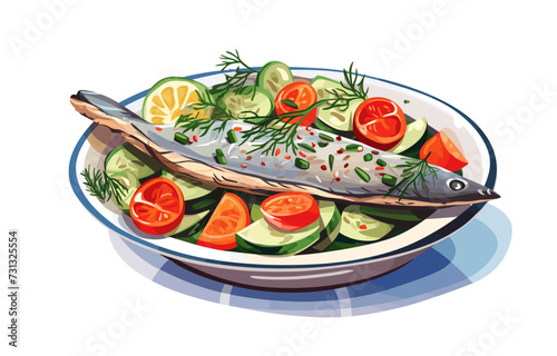 Herring and vegetables summer salad vector flat isolated illustration