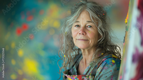 A whimsical painter in her 50s, with long, wavy hair streaked with vibrant colors, showcases her artistic abstraction. Her expressive face emanates passion and creativity, reflecting her uni