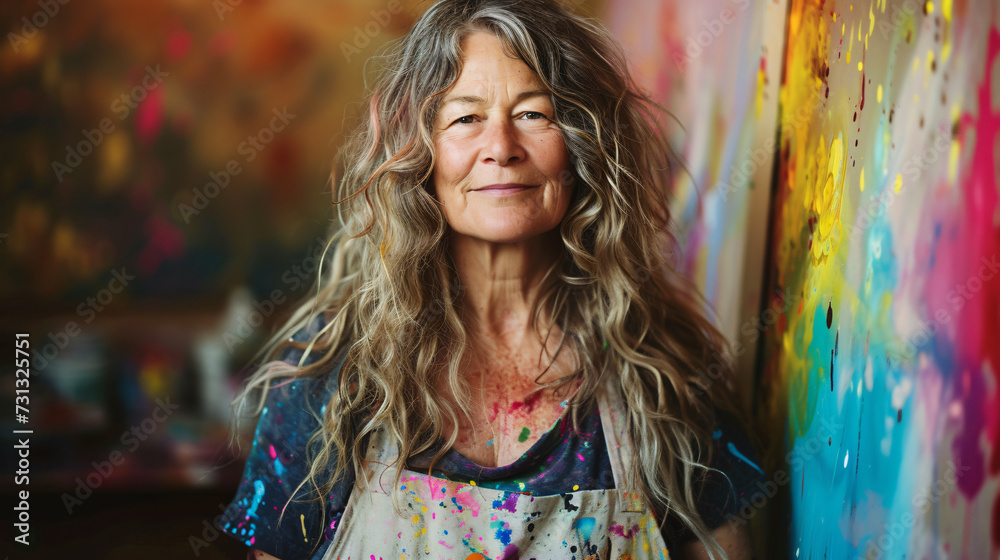 A free-spirited painter in her 50s, exuding a captivating aura of artistic abstraction. With her long, untamed, wavy hair gracefully adorned with playful streaks of vibrant colors, she embod