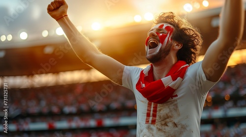 Excited england football fan cheering at event, blurry stadium background, space for text placement