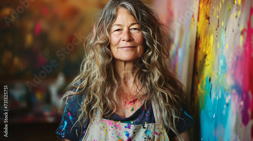 A free-spirited painter in her 50s, exuding a captivating aura of artistic abstraction. With her long, untamed, wavy hair gracefully adorned with playful streaks of vibrant colors, she embod