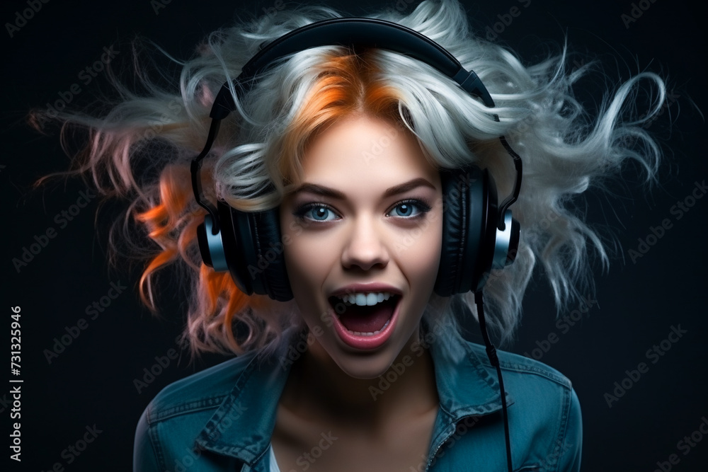 portrait of a  girl in headphones on a black background