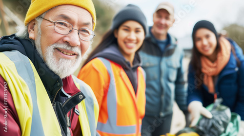 A diverse group of volunteers outdoors, with a cheerful elderly man in a yellow beanie and reflective vest at the forefront, alongside a younger woman, a man, and another woman