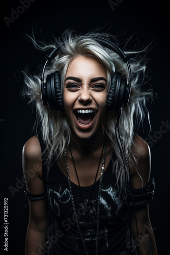 portrait of a girl in headphones on a black background