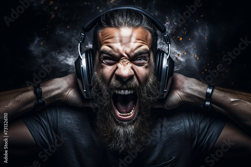 man in headphones on a black background