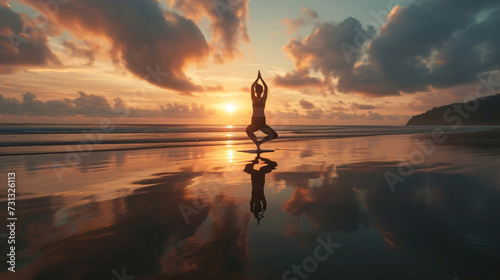 Serene woman doing yoga on tranquil beach, basking in the golden sunrise glow. Find inner peace and wellness with this mesmerizing stock image.