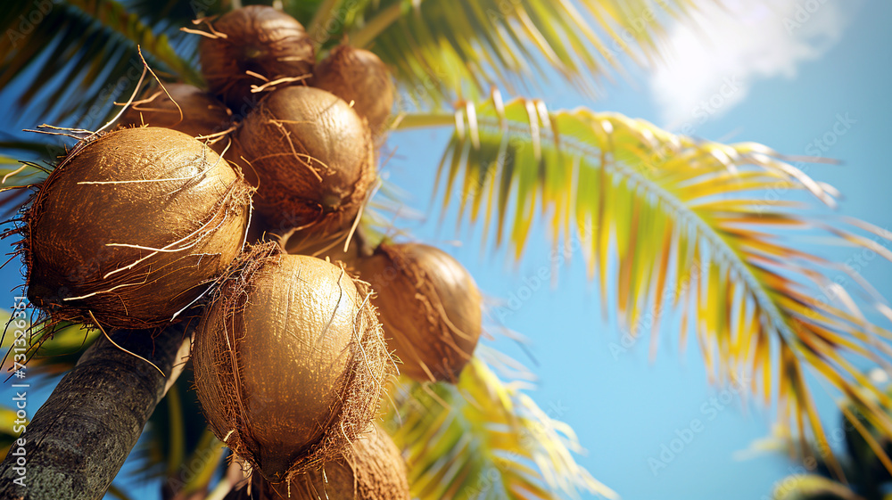 © grethental - Coconuts on palm tree. From below palm tree with green branches and coconuts against the blue sky in the sunshine © grethental - Coconuts on palm tree. From below palm tree with green branches and coconuts against the blue sky in the sunshine