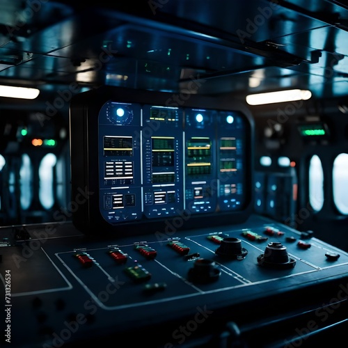 ultra realistic navy ship cabin control panels also visible full cinematic background in out of focus