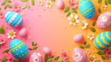 Easter eggs and flowers on bright pink-yellow background. Frame. Top view. Copy space.