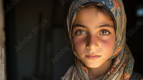 A determined young refugee girl, in her teens, radiates strength and hope despite her circumstances. Her headscarf symbolizes her cultural heritage and resilience. She wears understated, mod