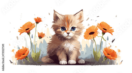 kitten sitting between flowers vector flat isolated illustration