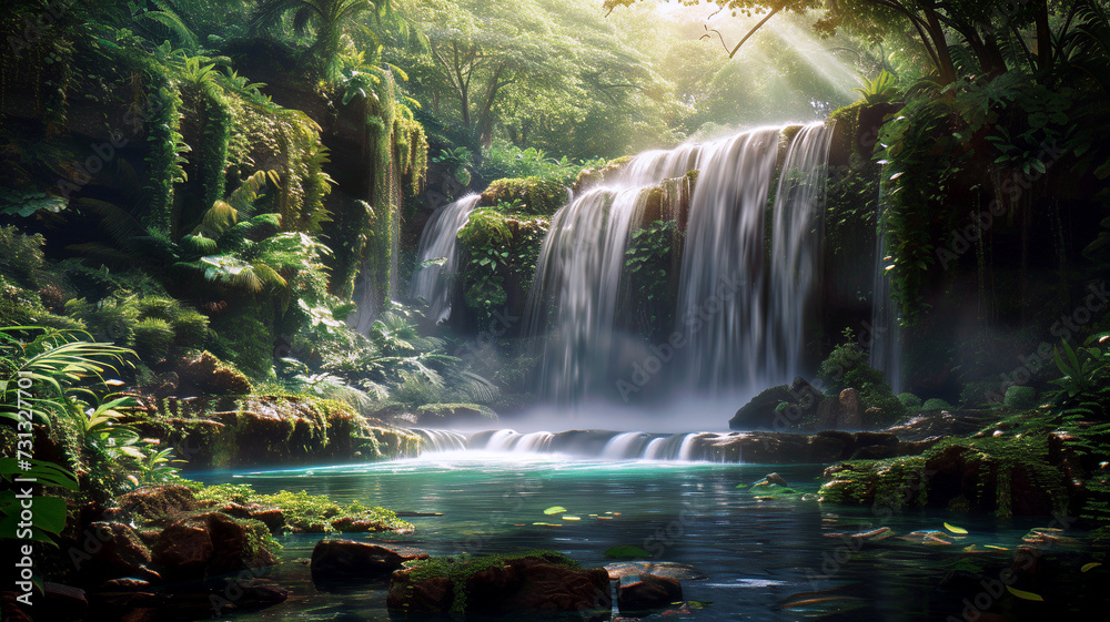 High beautiful fantasy waterfall in jungle. Falls in tropical forest High beautiful fantasy waterfall in jungle. Falls in tropical forest