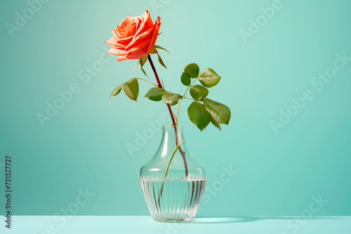 beautiful bouquet oink and white roses in a glass vase on a green background. photo