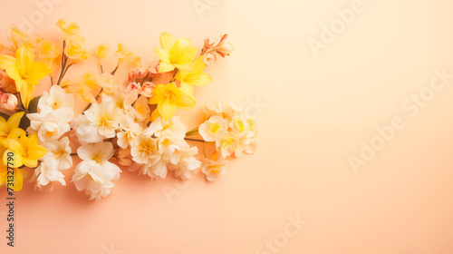 Branch of cherry tree on pink background. Closeup of beautiful blooming cherry trees branches. Floral spring or easter bacground.