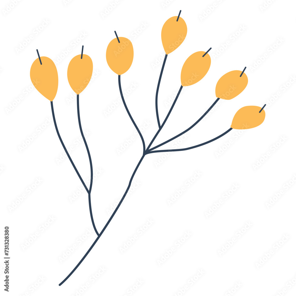 Adorable spring branch  , summer Background. Botanical illustration flat style. Isolated on white for greeting cards, Easter,thanksgiving. Kids design, for fabric, wrapping, textile, wallpaper