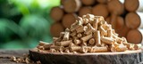 Biomass wood pellets and firewood stack with blurred background for text placement
