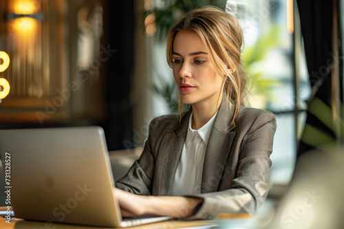A businesswoman using a laptop to manage human resources, with a look of professionalism on her face