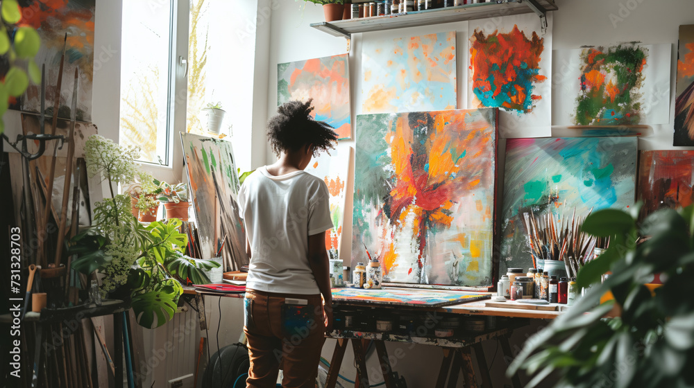 A talented artist passionately working in a sunlit studio adorned with vibrant canvases and an array of art supplies, absorbing the cheerful ambiance.