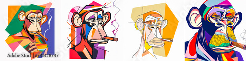 The main illustration shows a monkey smoking a cigar. White background to create contrast and highlight the illustration. Simple and minimalistic design with clean lines.