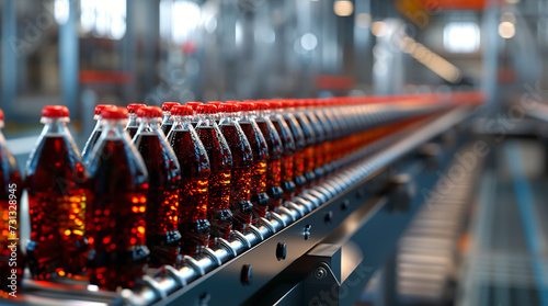 Brown glass bottles with red caps moving on the conveyor belt in a factory. Cola or soda beverage. Automated process of bottling