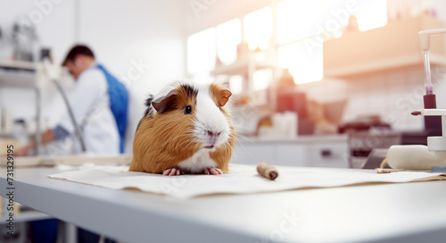Cute curious guinea pig in a veterinary clinic sitting on a table and looking at camera. Scientific laboratory interior. Testing on animals concept	 photo