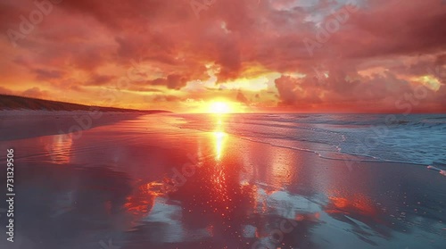 浜辺の夕陽序章、海と夕日の調和 photo