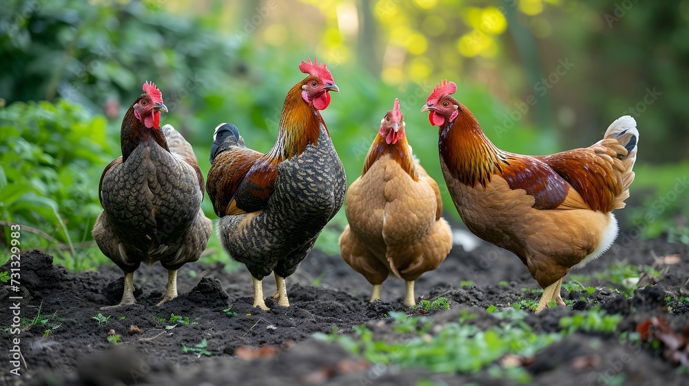 a group of chickens standing next to each other on a field of grass and dirt with one of them looking at the camera