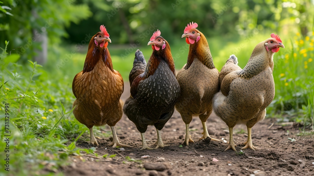 a group of chickens standing next to each other on a field of grass and dirt with one of them looking at the camera