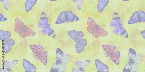 vintage print with colored butterflies  on an abstract watercolor background. Hand drawn illustration. Mixed media art