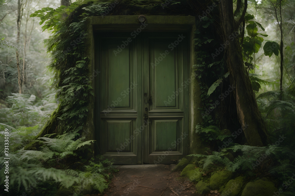 old secret door in a jungle, old house in the woods old secret door in a jungle, old house in the woods