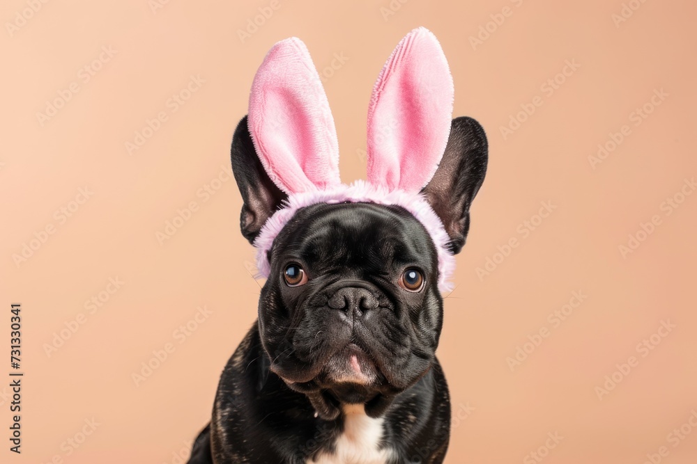 Dog of the French Bulldog breed with Easter colic ears on a uniform pastel background in the color of the year