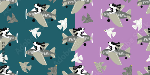 Cartoon seamless pattern with airplane pilot dog and birds.Cute animal characters background for printing on fabric and paper.Nursery wall decor,banner template.Vector illustration on blue or lilac.