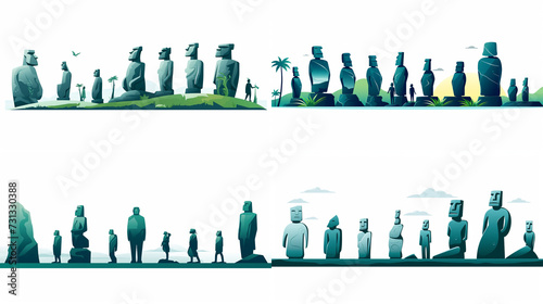 The Easter Island statues are depicted as dramatic characters walking along the beach. The scene takes place in an emerald green and deep blue winter setting. Statues isolated on white background.