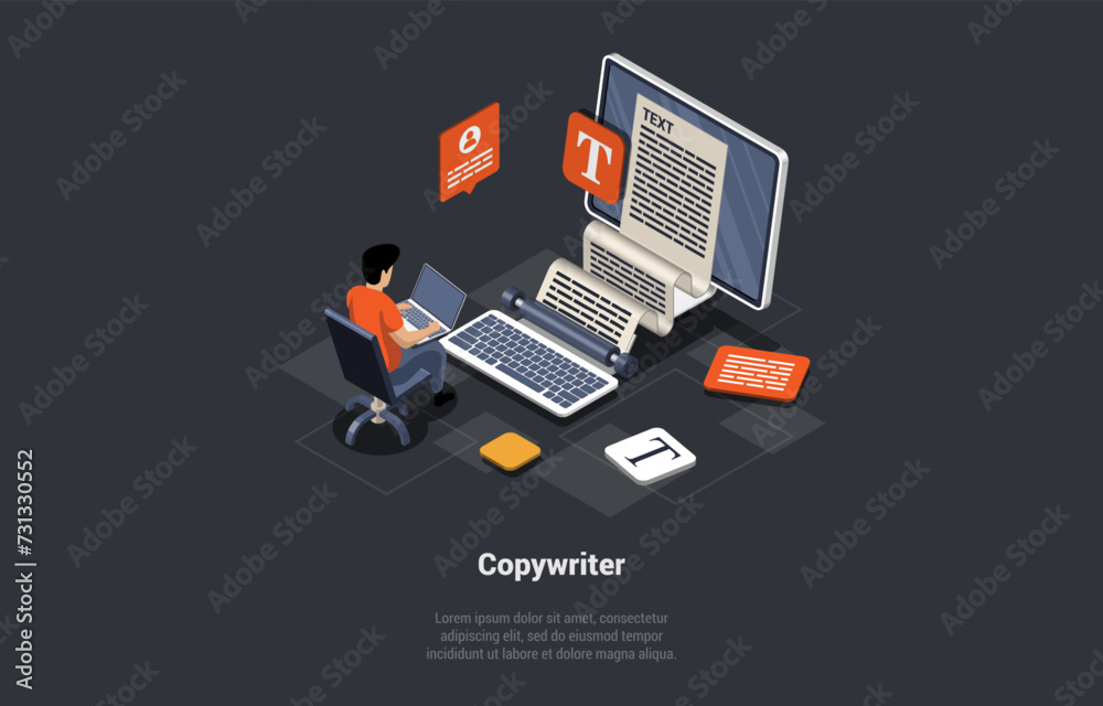 Concept Of Copywriter Job. Man Or AI Writes Text On Laptop. Person ...
