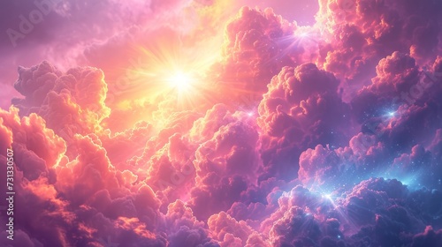 Vibrant pink, purple, blue cosmic clouds. Mystical sparkling heaven. Ethereal nebula. Abstract beautiful sky background. Concept of surreal cloudscape, fantasy art, mystery and miracle.