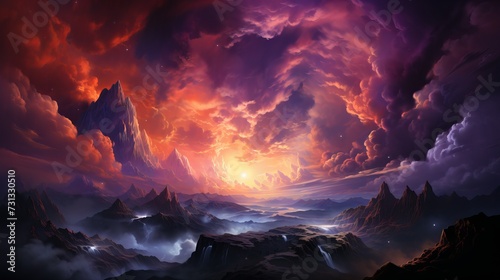Whimsical landscape with glowing sunset over mystical mountains and dramatic vivid clouds. Concept of fantasy dreamscape, surreal nature, celestial beauty, alien fantasy worlds, calmness