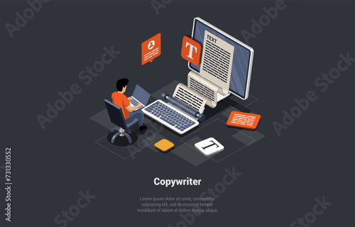 Concept Of Copywriter Job. Man Or AI Writes Text On Laptop. Person Editor Typing Electronic Text Book, Letter Or Journal Sitting In Front Of Huge Monitor. Isometric 3D Cartoon Vector Illustration