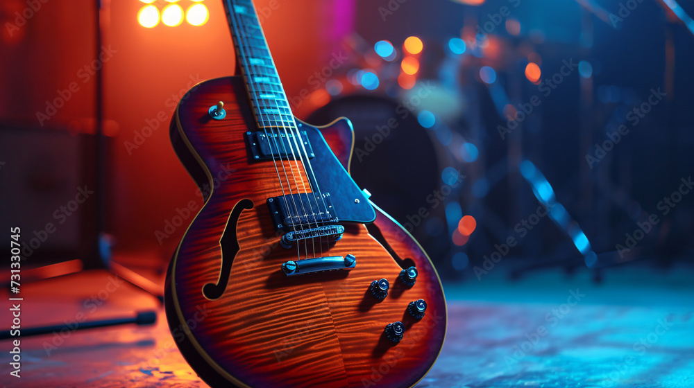 An exquisite electric guitar glimmers under the stage lights, its sleek and sophisticated design capturing the essence of refined craftsmanship. This stunning instrument is the perfect choic - obrazy, fototapety, plakaty 