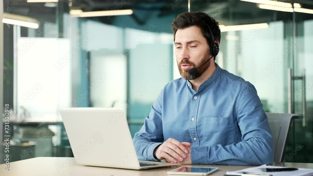 custom made wallpaper toronto digitalConfident handsome businessman in headset talking on a video call using laptop sitting at workplace in office. Entrepreneur has business meeting. Coach speaks remotely at an online course or training