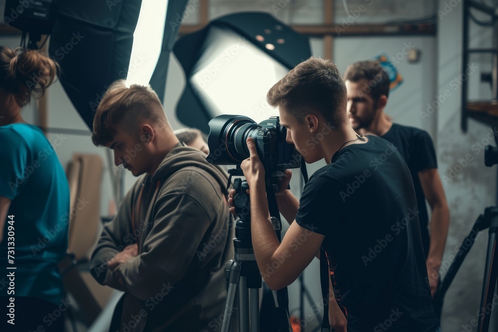 photographer photographs a model in front of students at a workshop in a photo studio photographer photographs a model in front of students at a workshop in a photo studio
