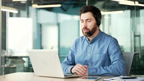 Confident handsome businessman in headset talking on a video call using laptop sitting at workplace in office. Entrepreneur has business meeting. Coach speaks remotely at an online course or training photo