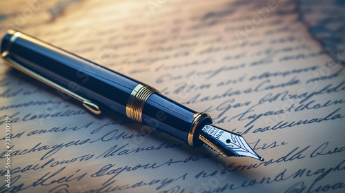 A stylish fountain pen rests gracefully on top of a letter, exuding an aura of sophistication with its unbranded sleek body. This mockup perfectly highlights the pen's exquisite design and t