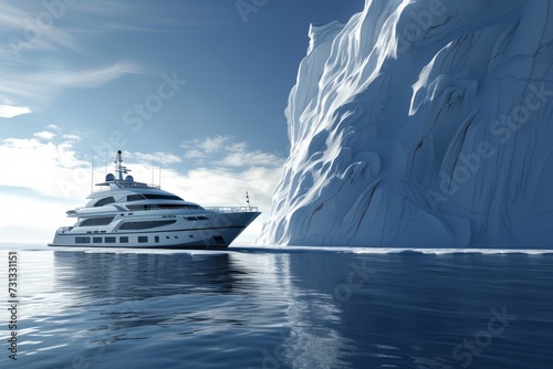 a yacht in antractic expedition moves towards an iceberg photo