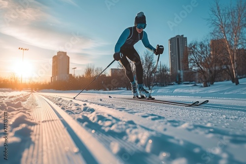 skier running on a crosscountry ski on a city ski track  photo
