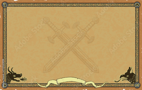 Large Fantasy Parchment with Knot Frame, Banner, Dragons, Crossed Short Swords