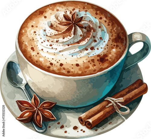 cup of cappuccino coffee with cinnamon sticks