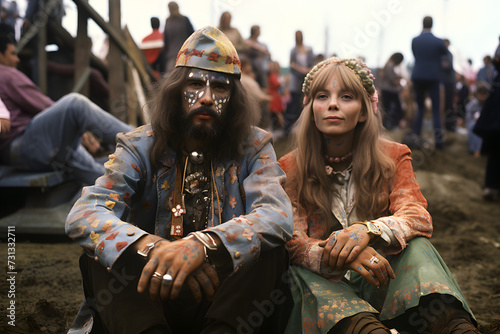 Hippie couple sitting in the mud at a festival, 1960s, hippie