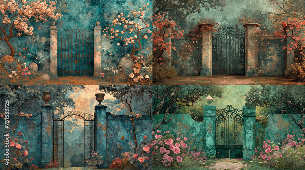Create a stunning garden gate in 3D relief style. Use malachite and rose quartz to add depth and beauty. Capture the moment the garden opens for the first time with intricate details.