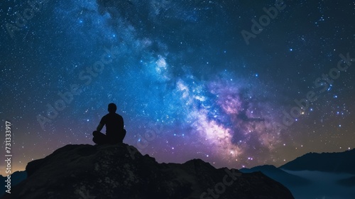 A lone figure gazes in awe at the endless expanse of the night sky, surrounded by majestic mountains and the shimmering beauty of constellations and galaxies